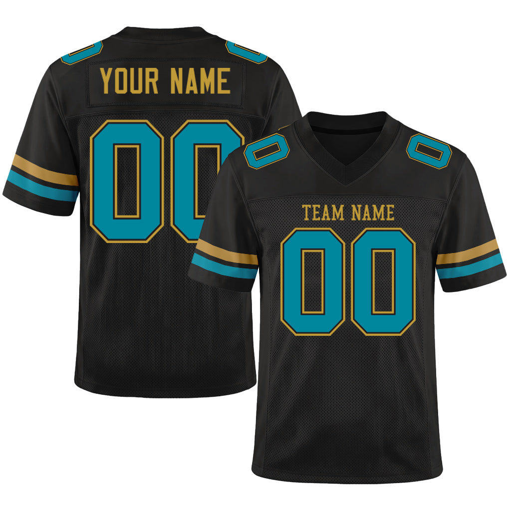 Custom Black Teal-Old Gold Mesh Football Jersey