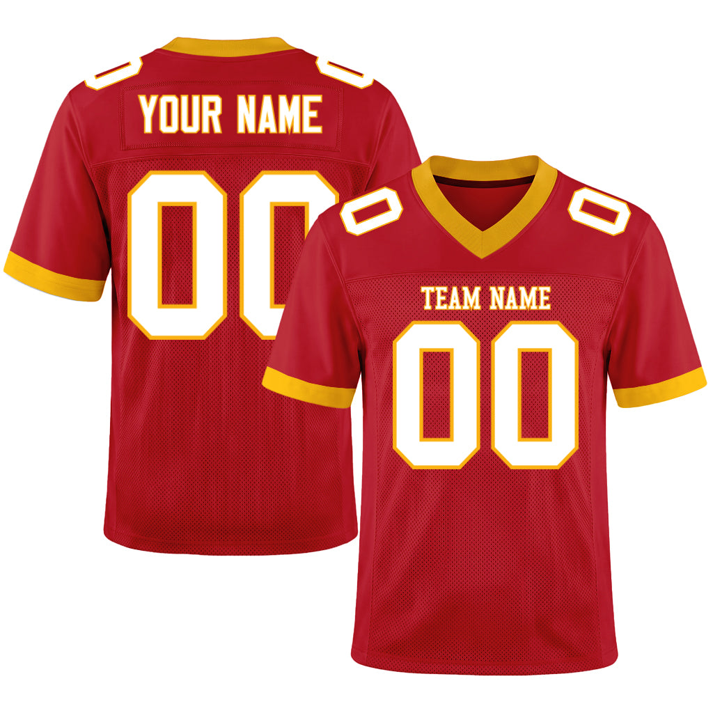Custom Red White-Gold Mesh Football Jersey