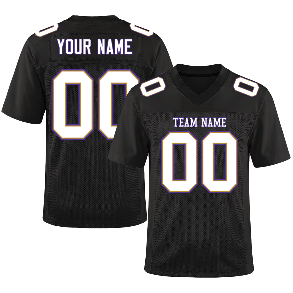 Custom Black White Old Gold-Purple Mesh Football Jersey