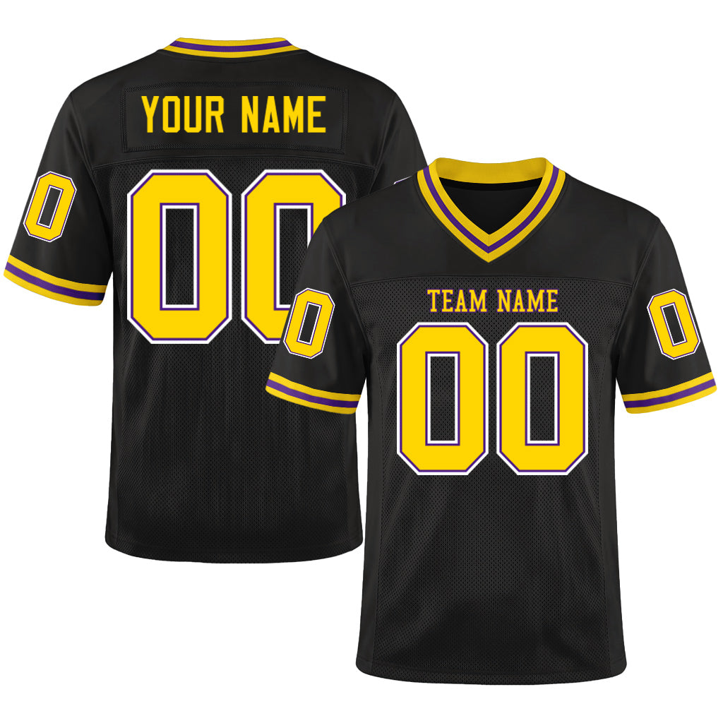 Custom Black Gold-Purple Mesh Throwback Mesh Football Jersey