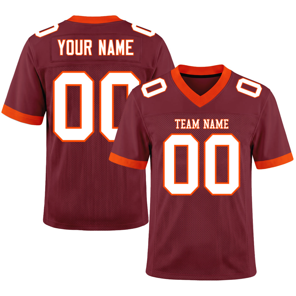 Custom Burgundy White-Orange Mesh Football Jersey