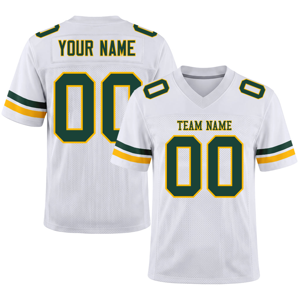 Custom White Green-Gold Mesh Football Jersey