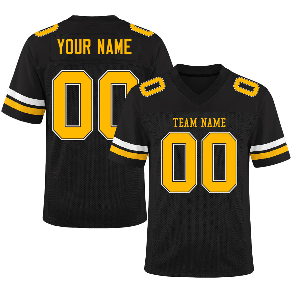 Custom Black Gold-White Mesh Football Jersey
