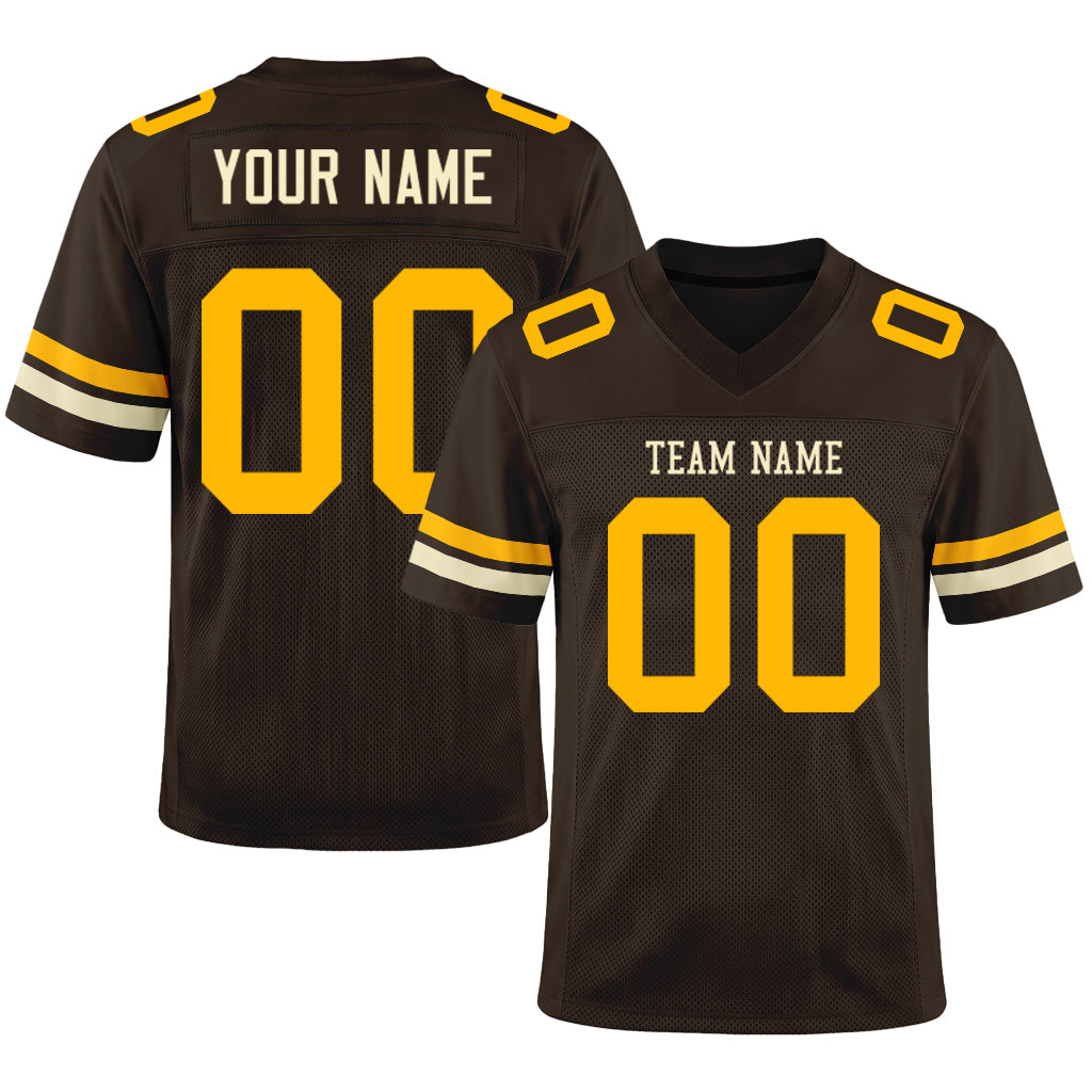 Custom Brown Gold-Cream Mesh Football Jersey
