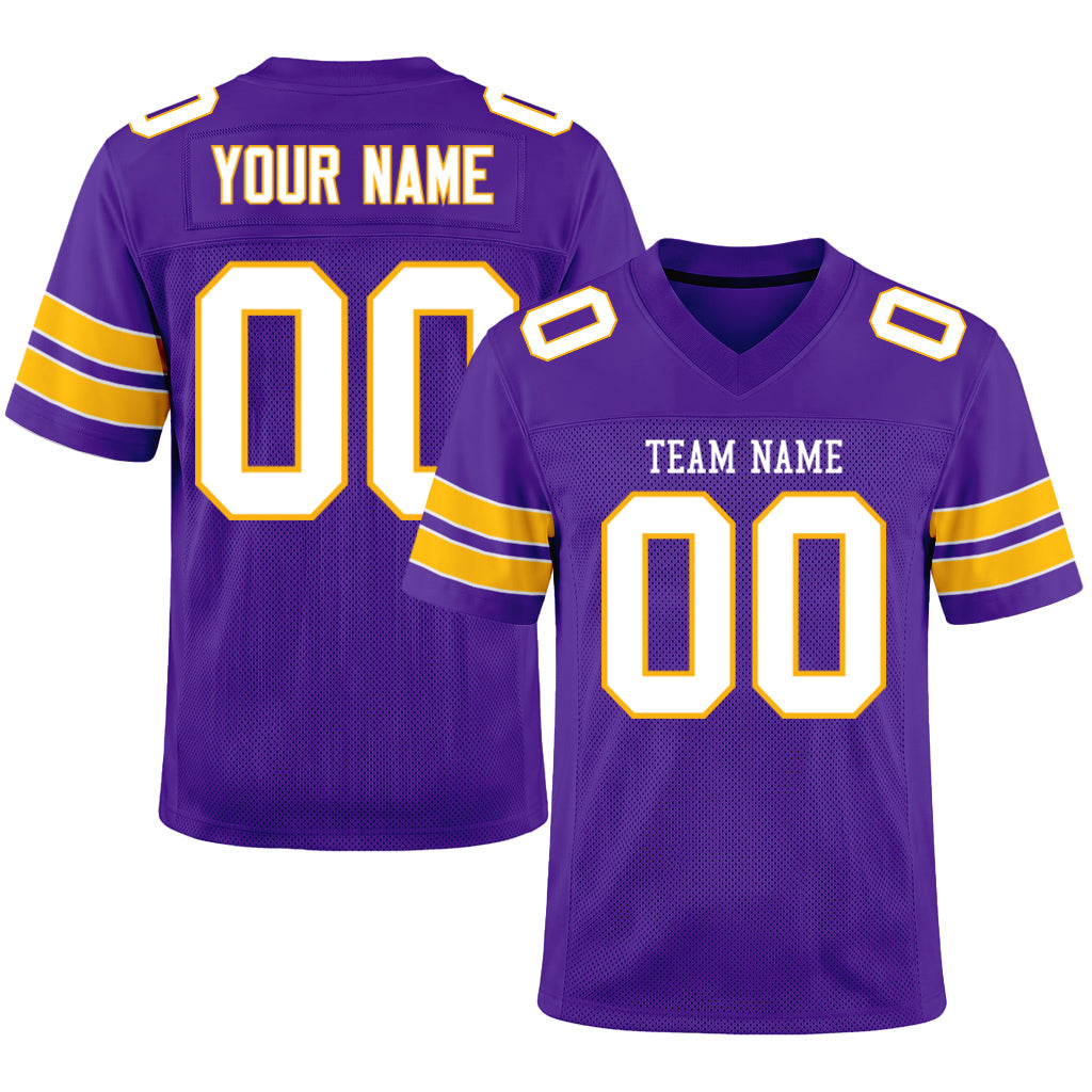 Custom Purple White-Gold Mesh Football Jersey