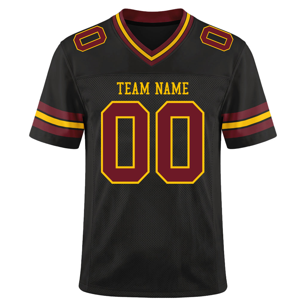 Custom Black Burgundy-Gold Mesh Football Jersey