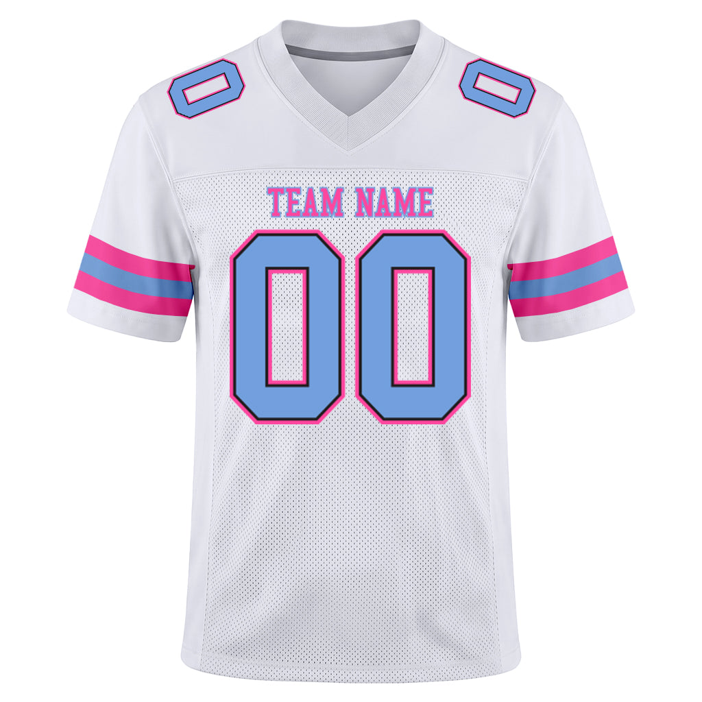 Custom White Light Blue-Pink Mesh Football Jersey