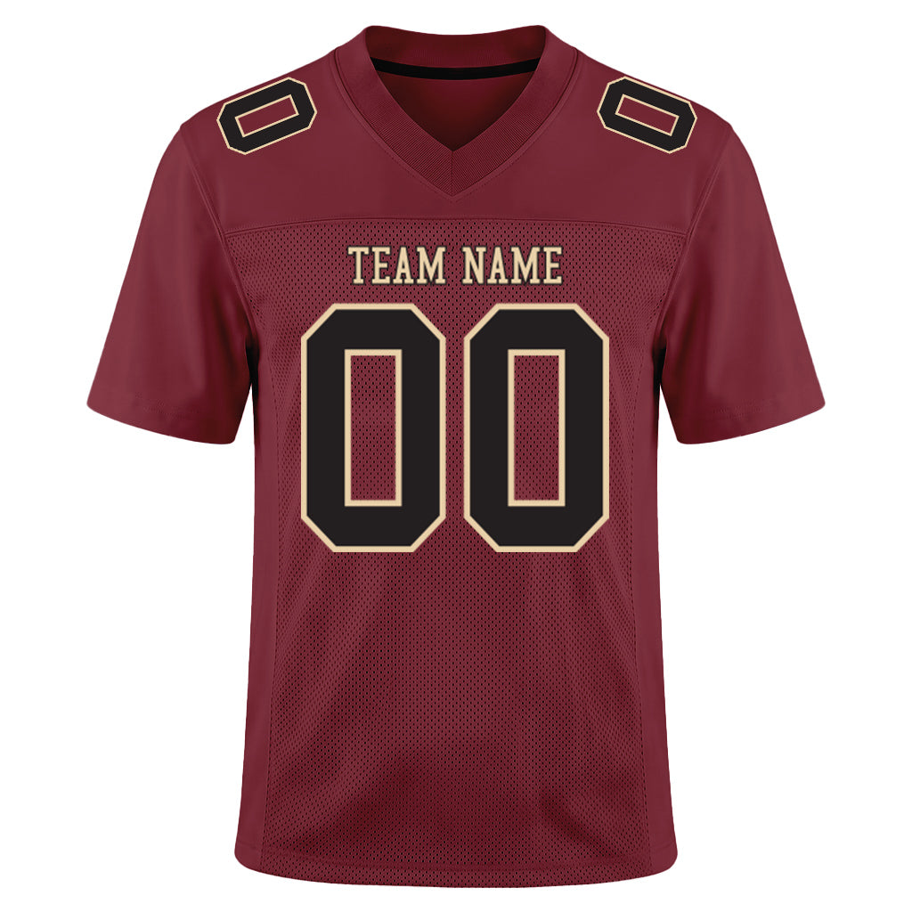 Custom Burgundy Black-Cream Mesh Football Jersey