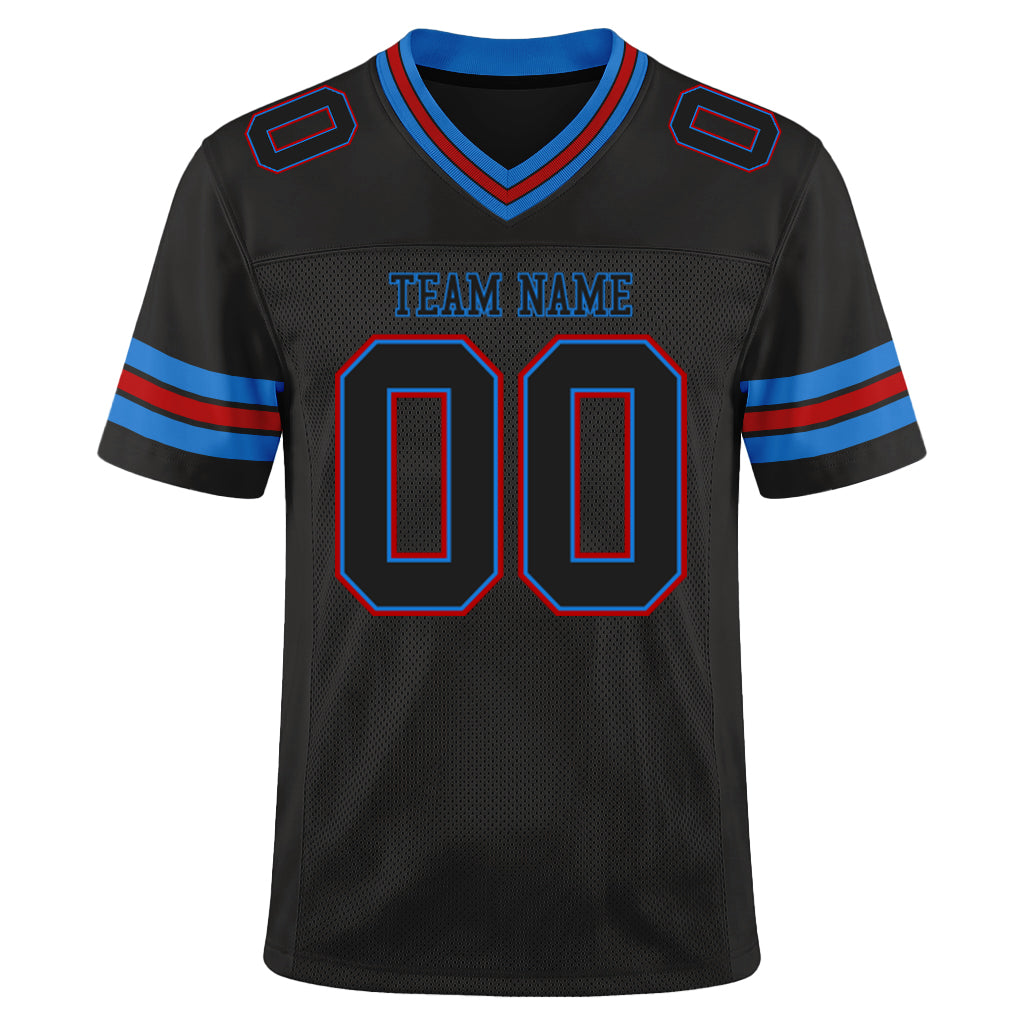 Custom Black Electric Blue-Red Mesh Football Jersey