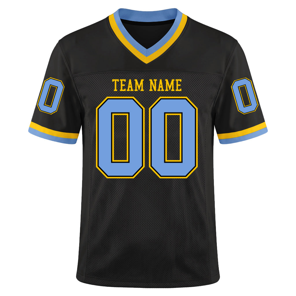 Custom Black Light Blue-Gold Mesh Throwback Mesh Football Jersey