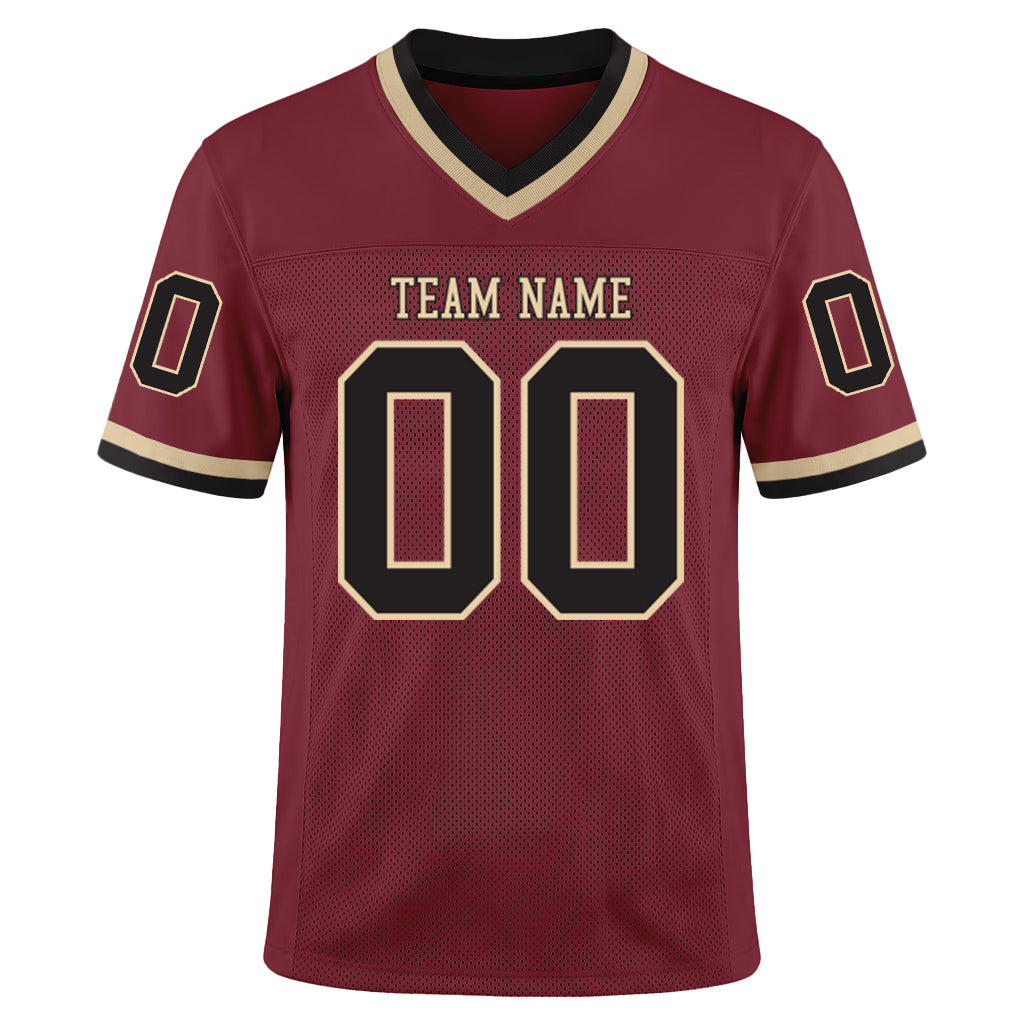 Custom Burgundy Black-Cream Mesh Football Jersey