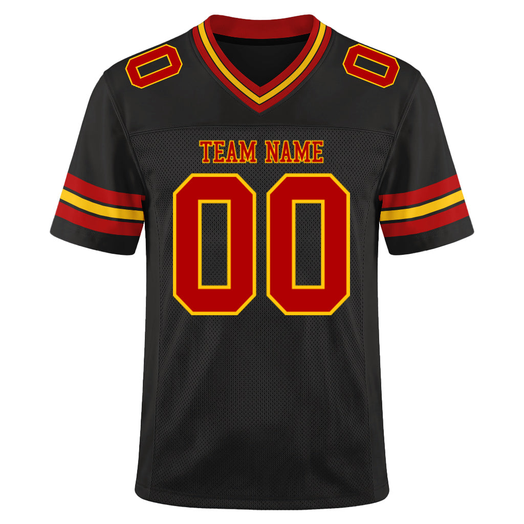 Custom Black Red-Gold Mesh Football Jersey