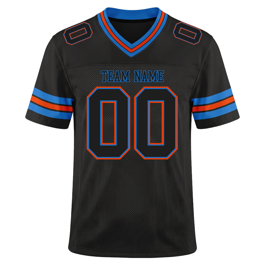 Custom Black Electric Blue-Orange Mesh Football Jersey