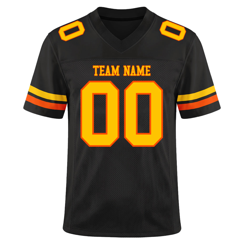 Custom Black Yellow-Orange Mesh Football Jersey