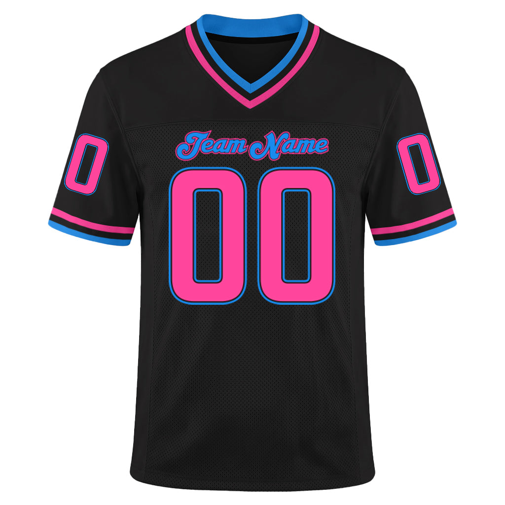 Custom Black Pink-Powder Blue Mesh Football Jersey