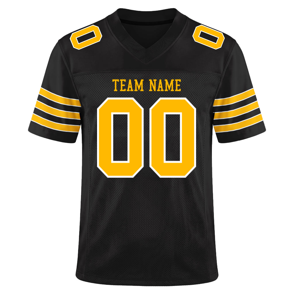 Custom Black Gold-White Mesh Football Jersey