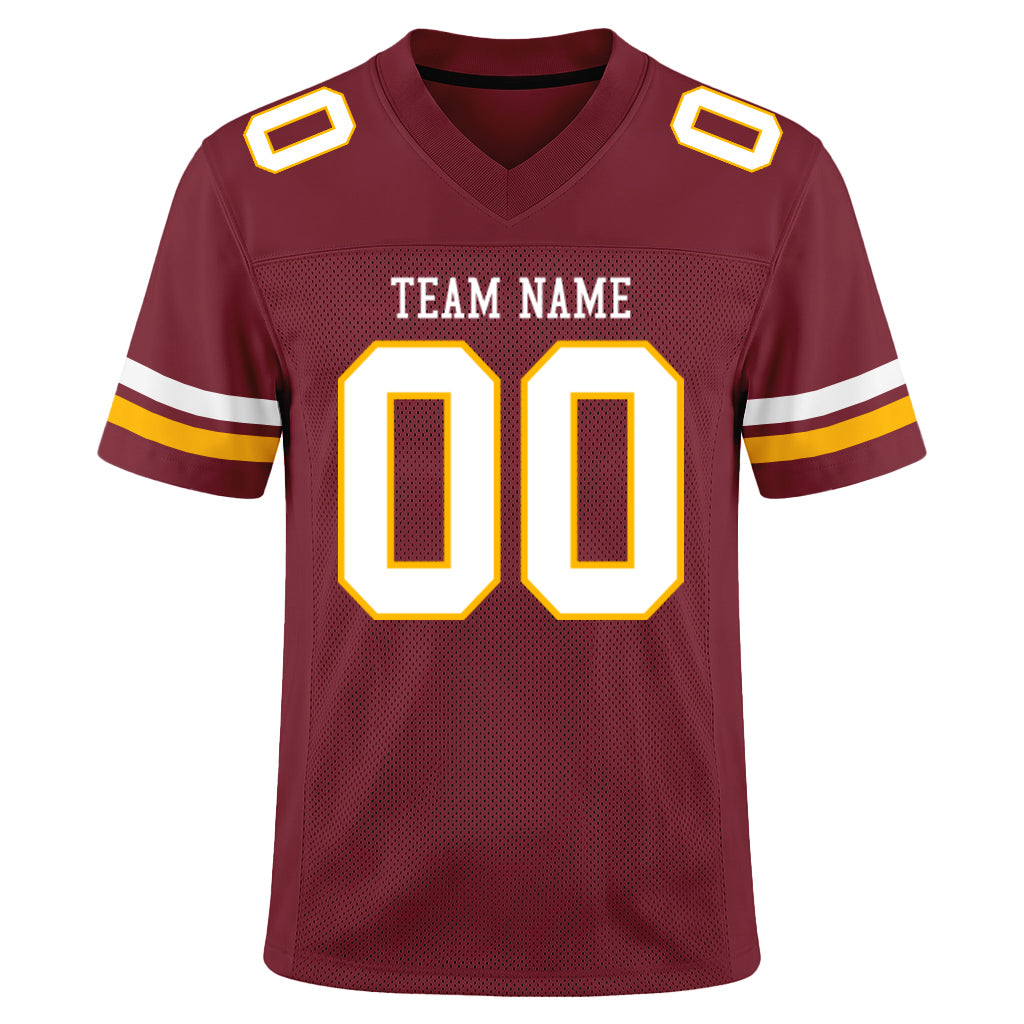 Custom Burgundy White-Gold Mesh Football Jersey