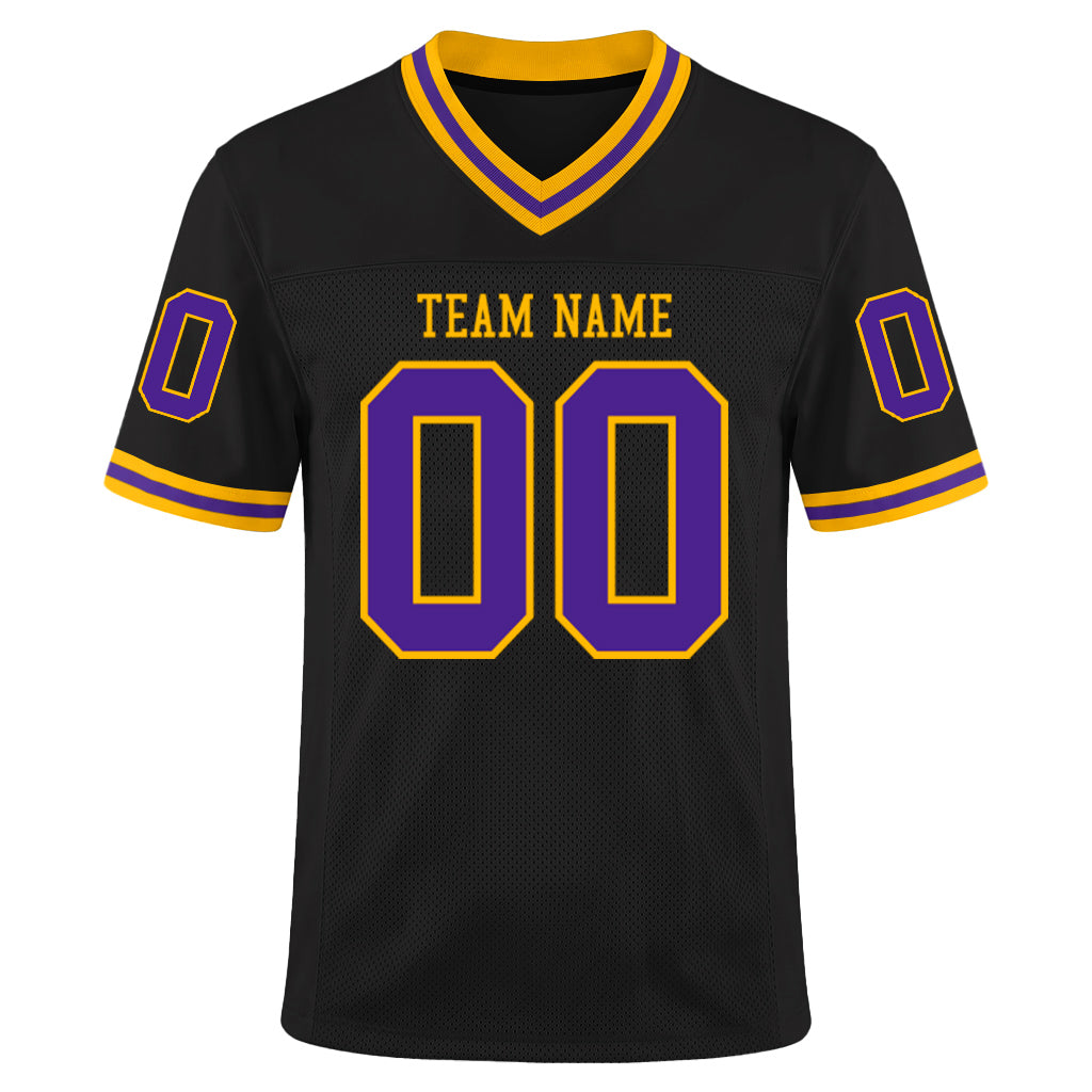 Custom Black Purple-Gold Mesh Football Jersey