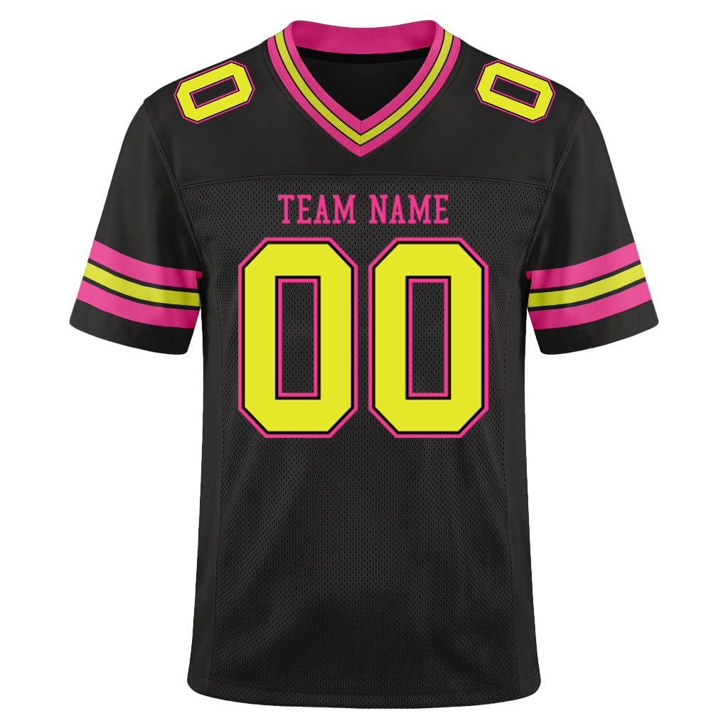 Custom Black Neon Yellow-Pink Mesh Football Jersey