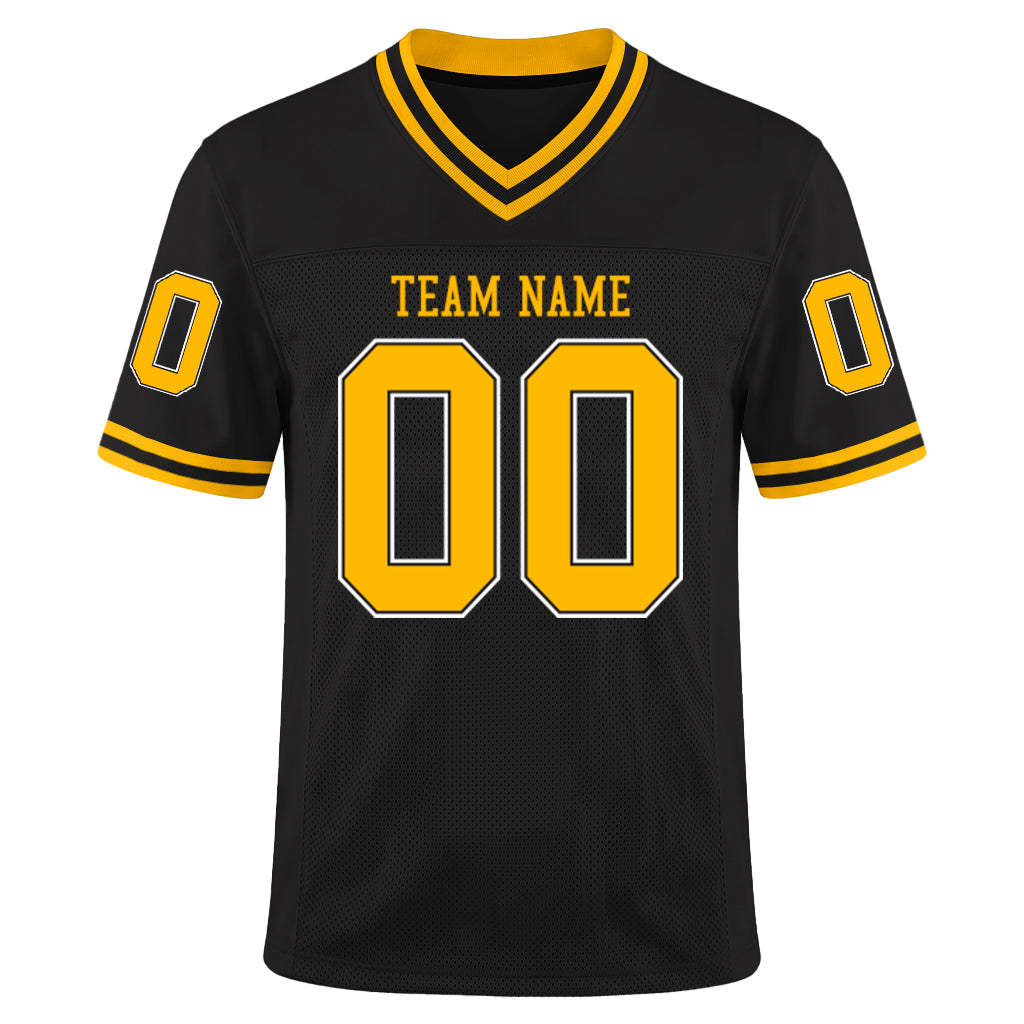 Custom Black Gold-White Mesh Football Jersey