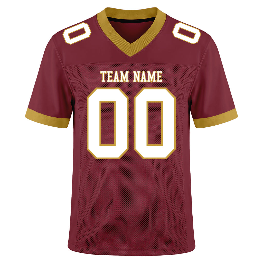 Custom Burgundy White-Old Gold Mesh Football Jersey