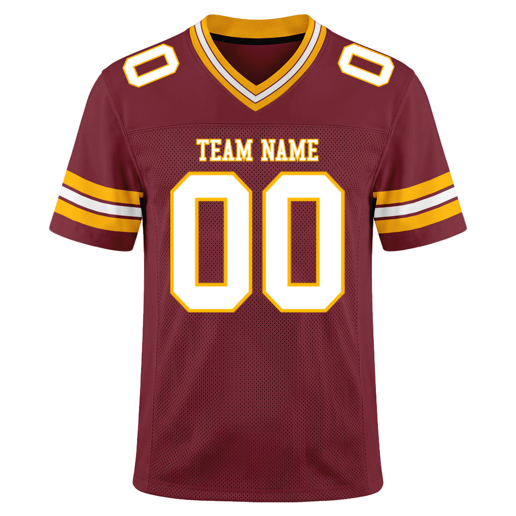 Custom Burgundy White-Gold Mesh Football Jersey