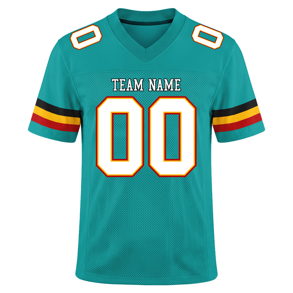 Custom Aqua White-Gold Mesh Football Jersey