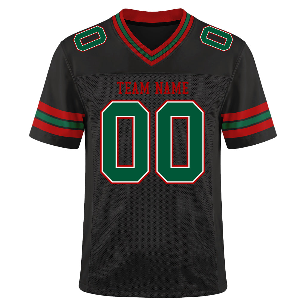 Custom Black Kelly Green-Red Mesh Football Jersey
