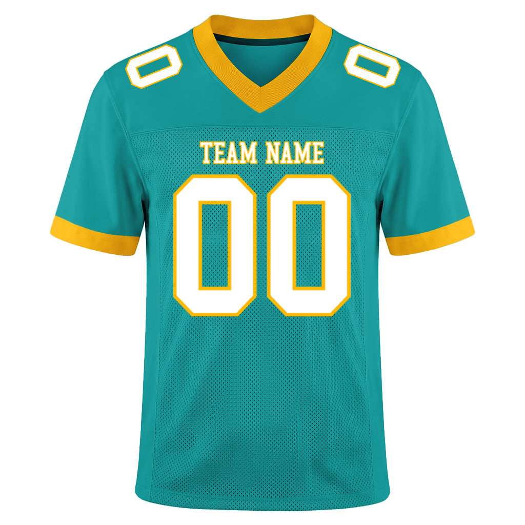 Custom Aqua White-Gold Mesh Football Jersey
