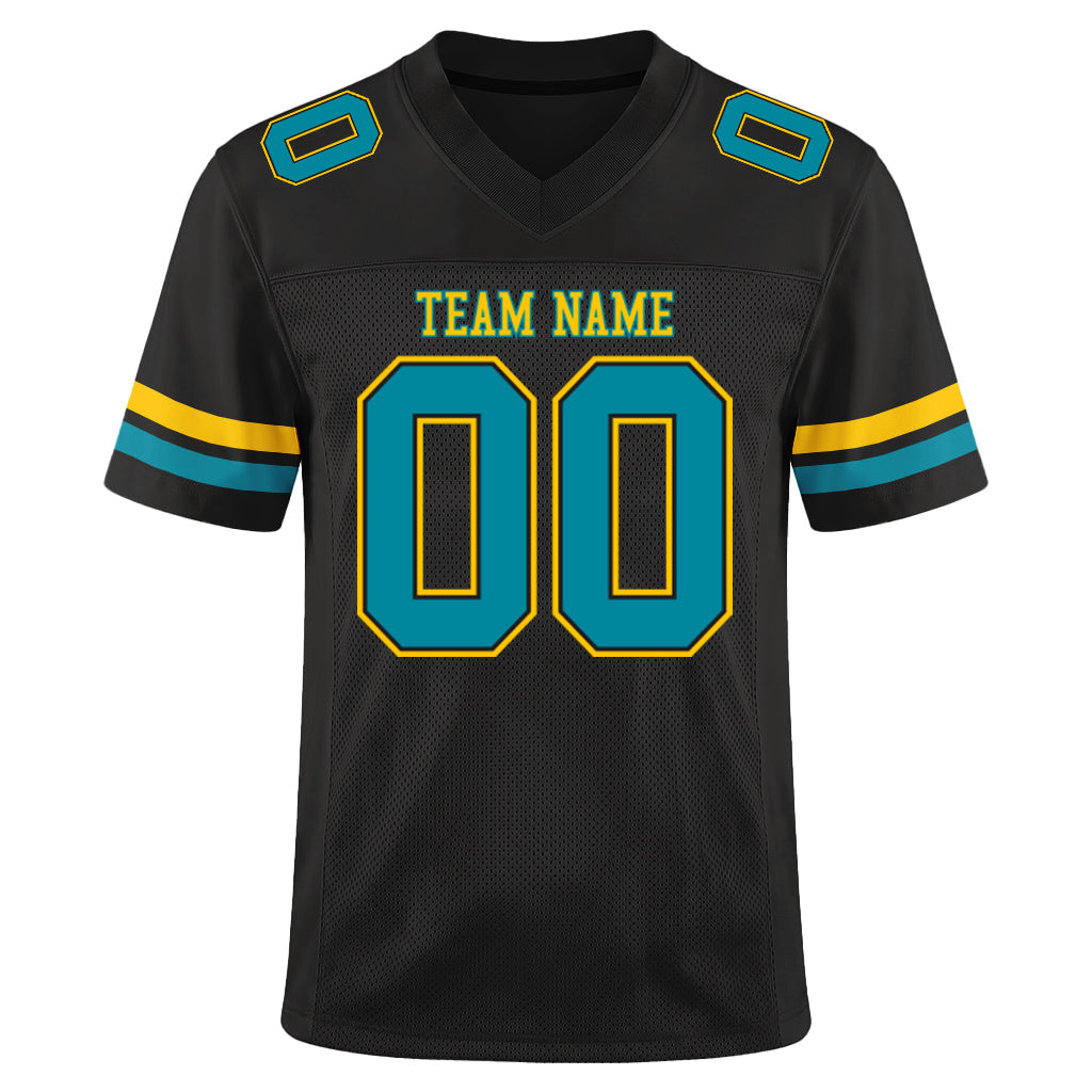 Custom Black Teal-Gold Mesh Football Jersey