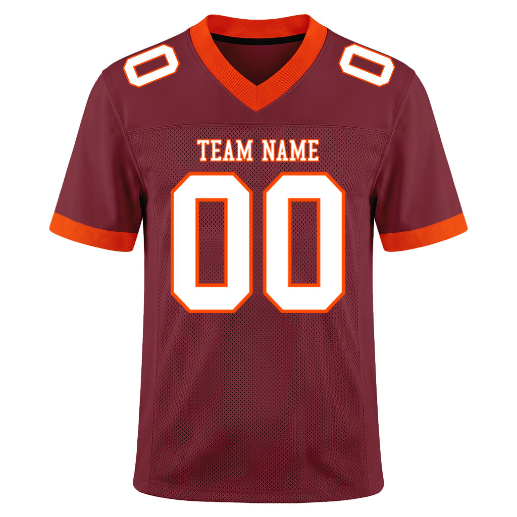 Custom Burgundy White-Orange Mesh Football Jersey