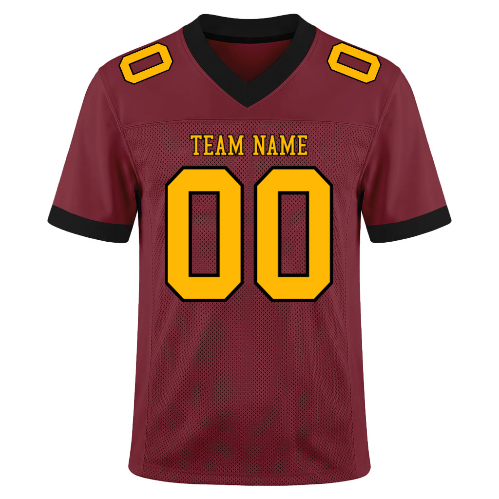 Custom Burgundy Gold-Black Mesh Football Jersey