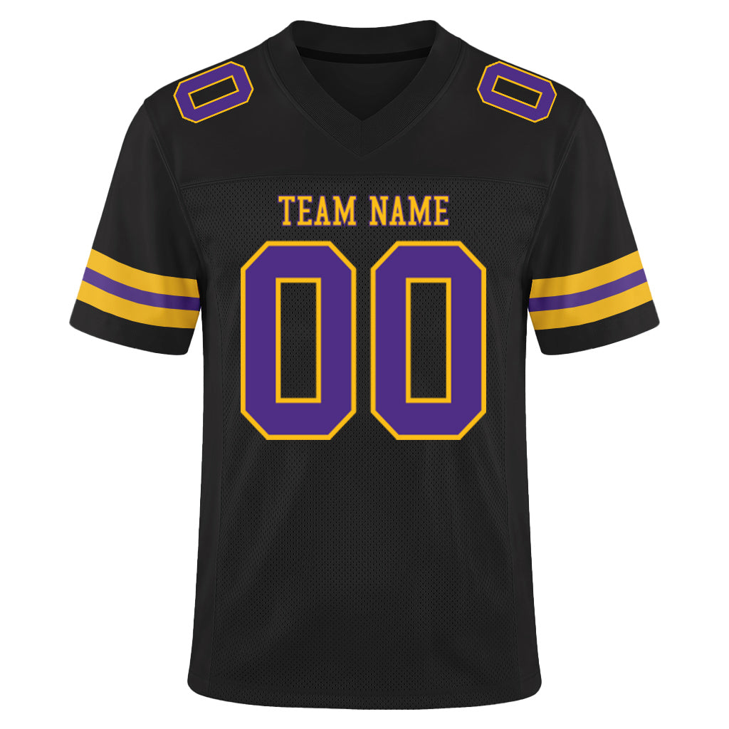 Custom Black Purple-Gold Mesh Football Jersey
