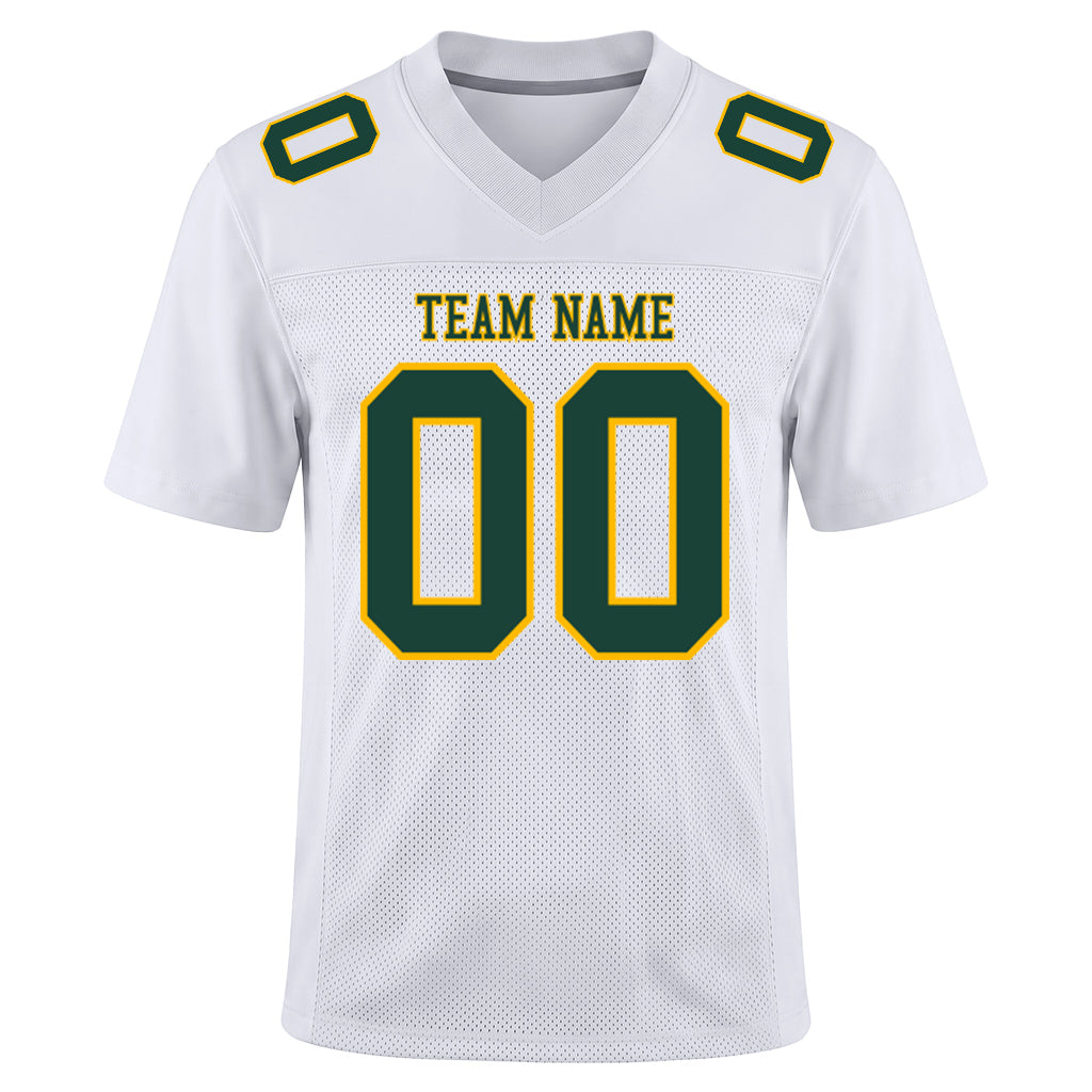 Custom White Green-Gold Mesh Football Jersey