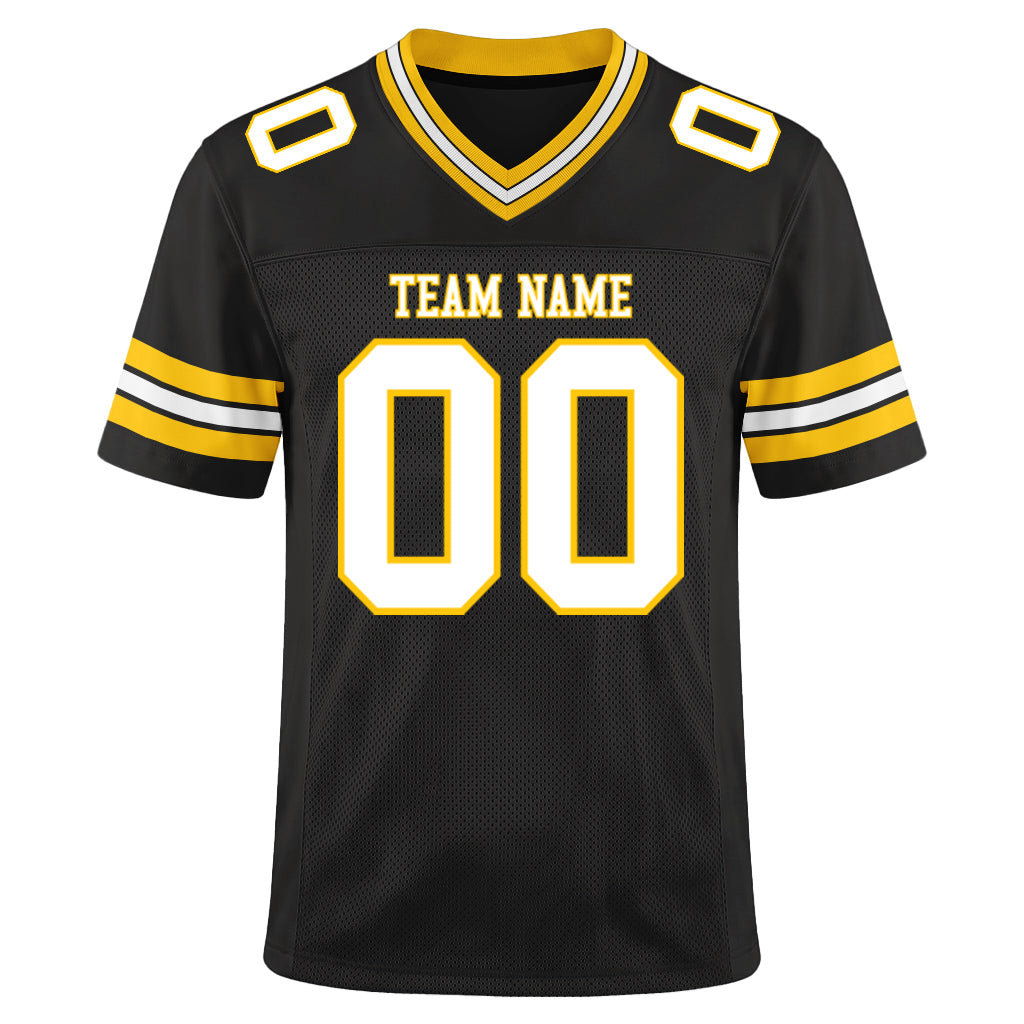 Custom Black White-Gold Mesh Football Jersey