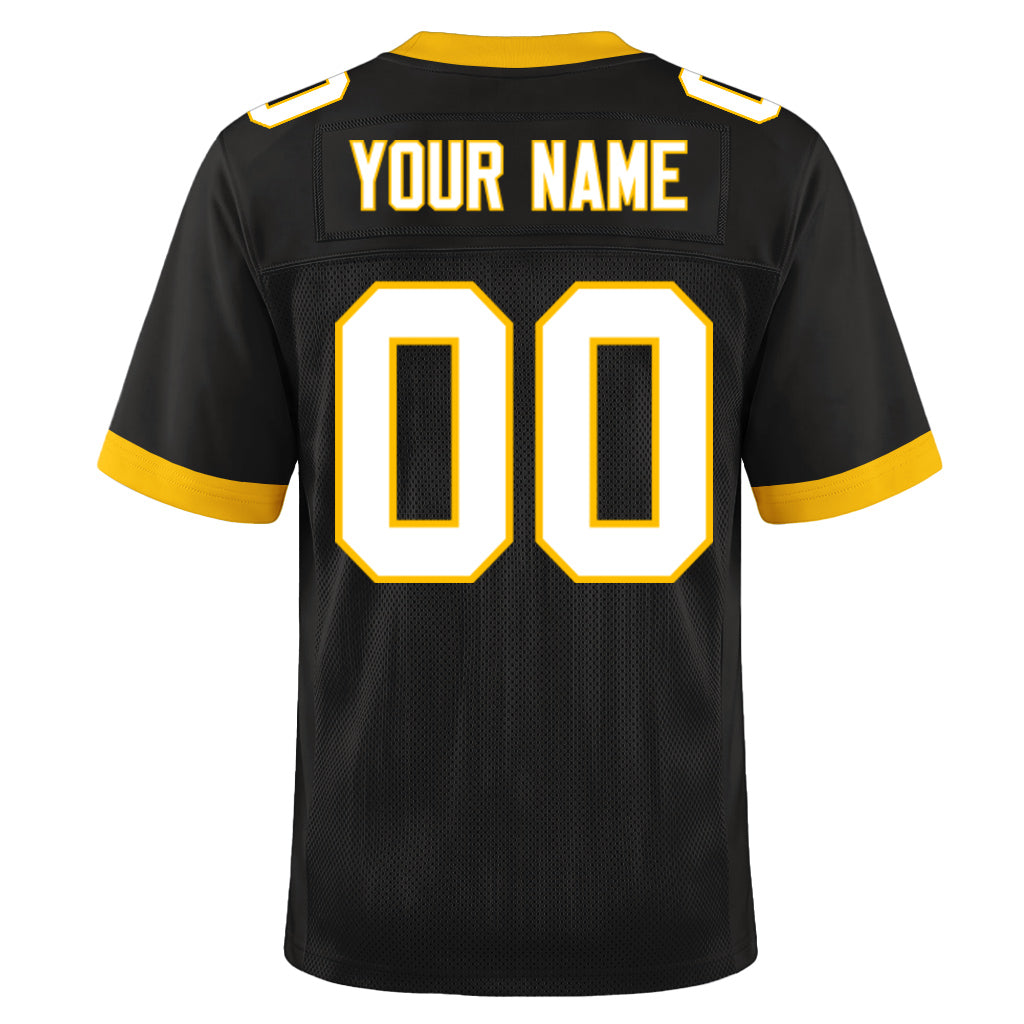 Custom Black White-Gold Mesh Football Jersey