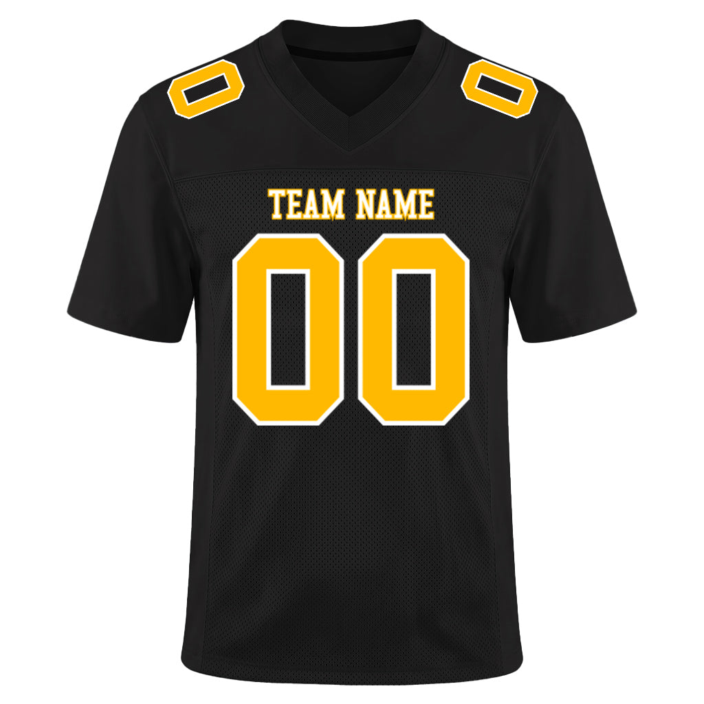 Custom Black Gold-White Mesh Football Jersey