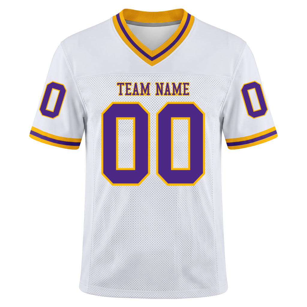 Custom White Purple-Gold Mesh Football Jersey