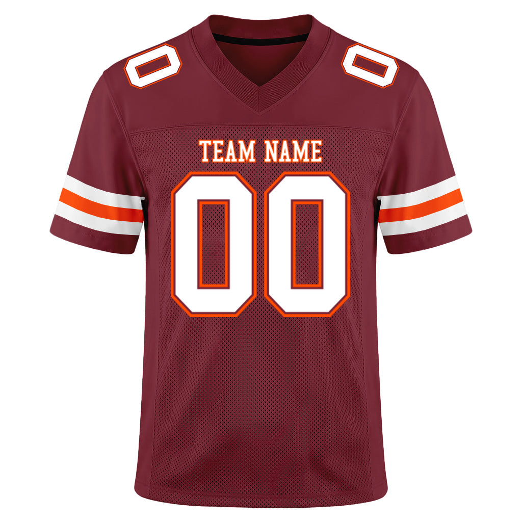 Custom Burgundy White-Orange Mesh Football Jersey