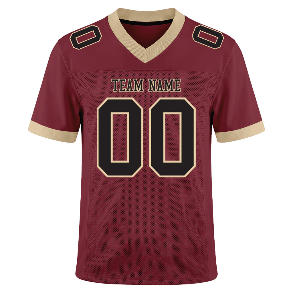 Custom Burgundy Black-Cream Mesh Football Jersey