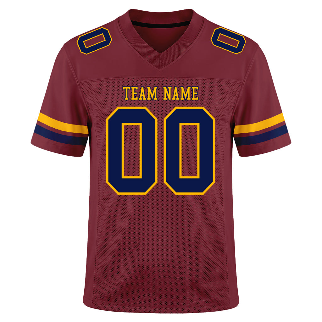 Custom Burgundy Navy-Gold Mesh Football Jersey
