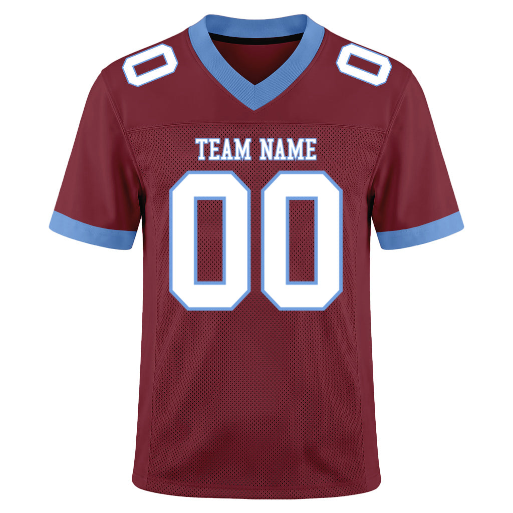 Custom Burgundy White-Electric Blue Mesh Football Jersey