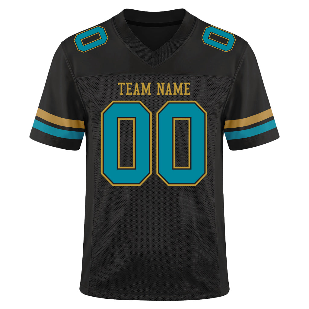 Custom Black Teal-Old Gold Mesh Football Jersey