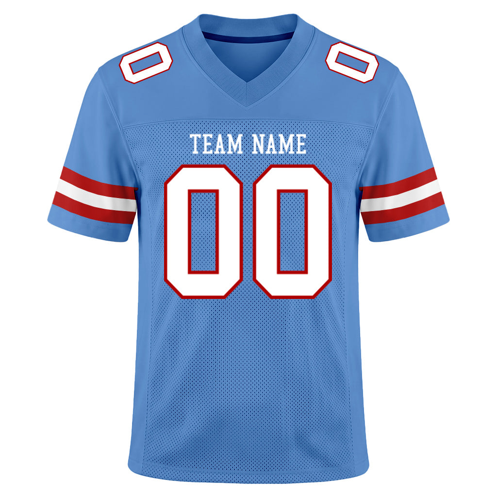 Custom Light Blue White-Red Mesh Football Jersey