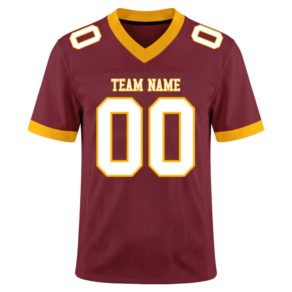 Custom Burgundy White-Gold Mesh Football Jersey