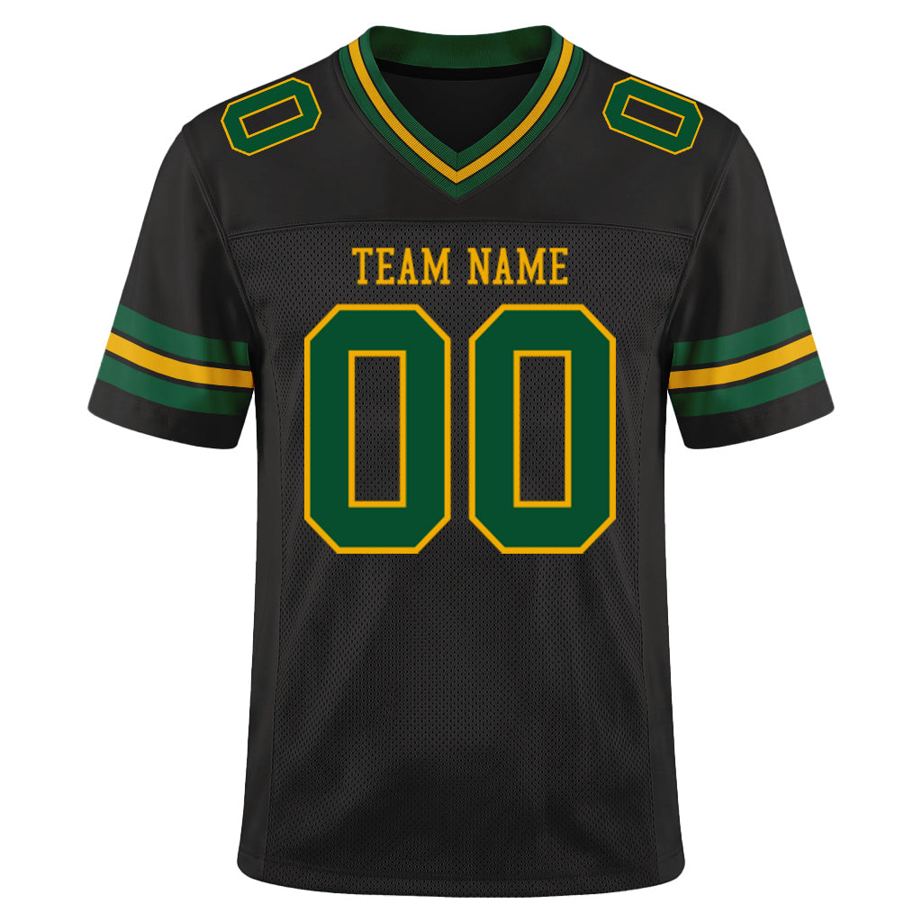 Custom Black Green-Gold Mesh Football Jersey