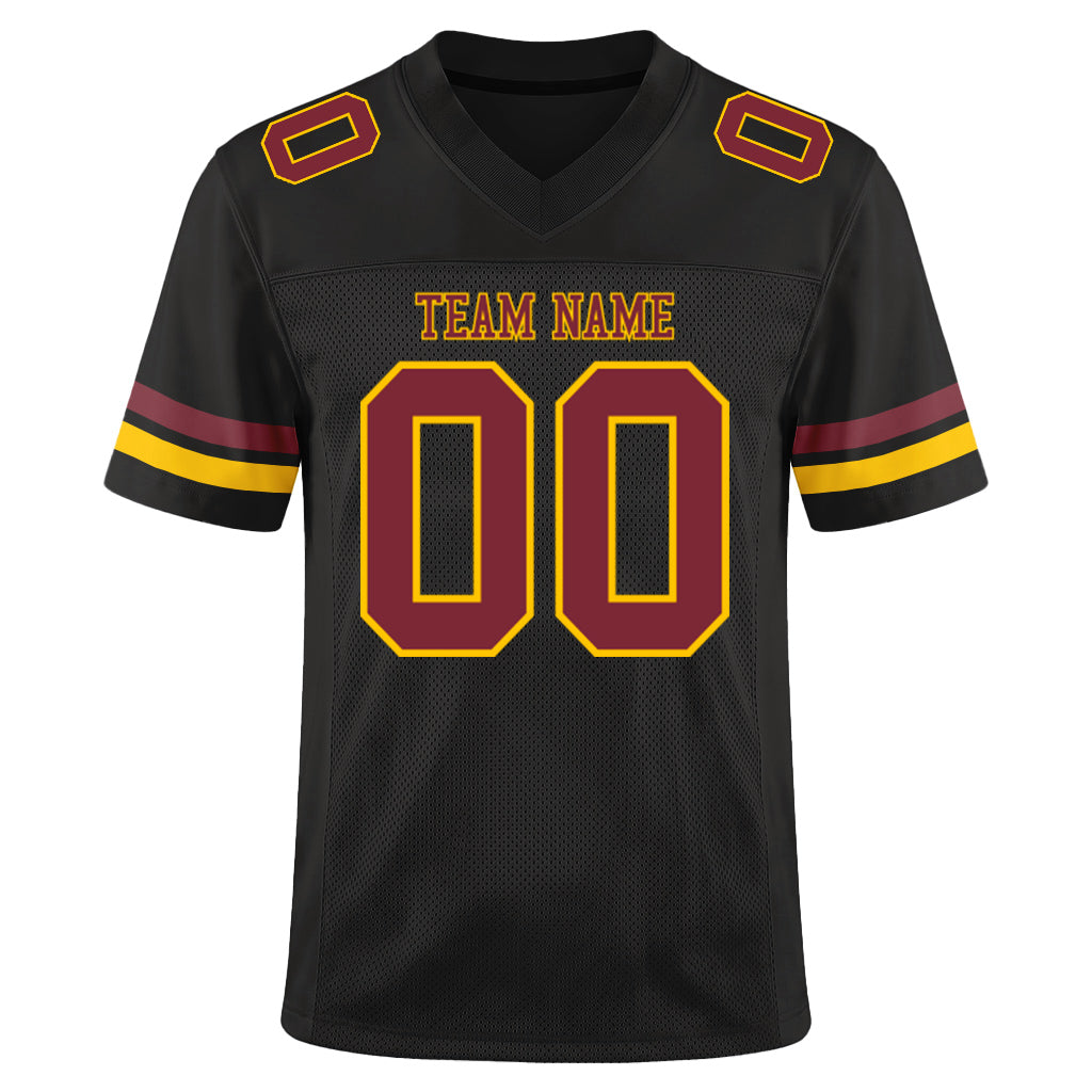 Custom Black Burgundy-Gold Mesh Football Jersey