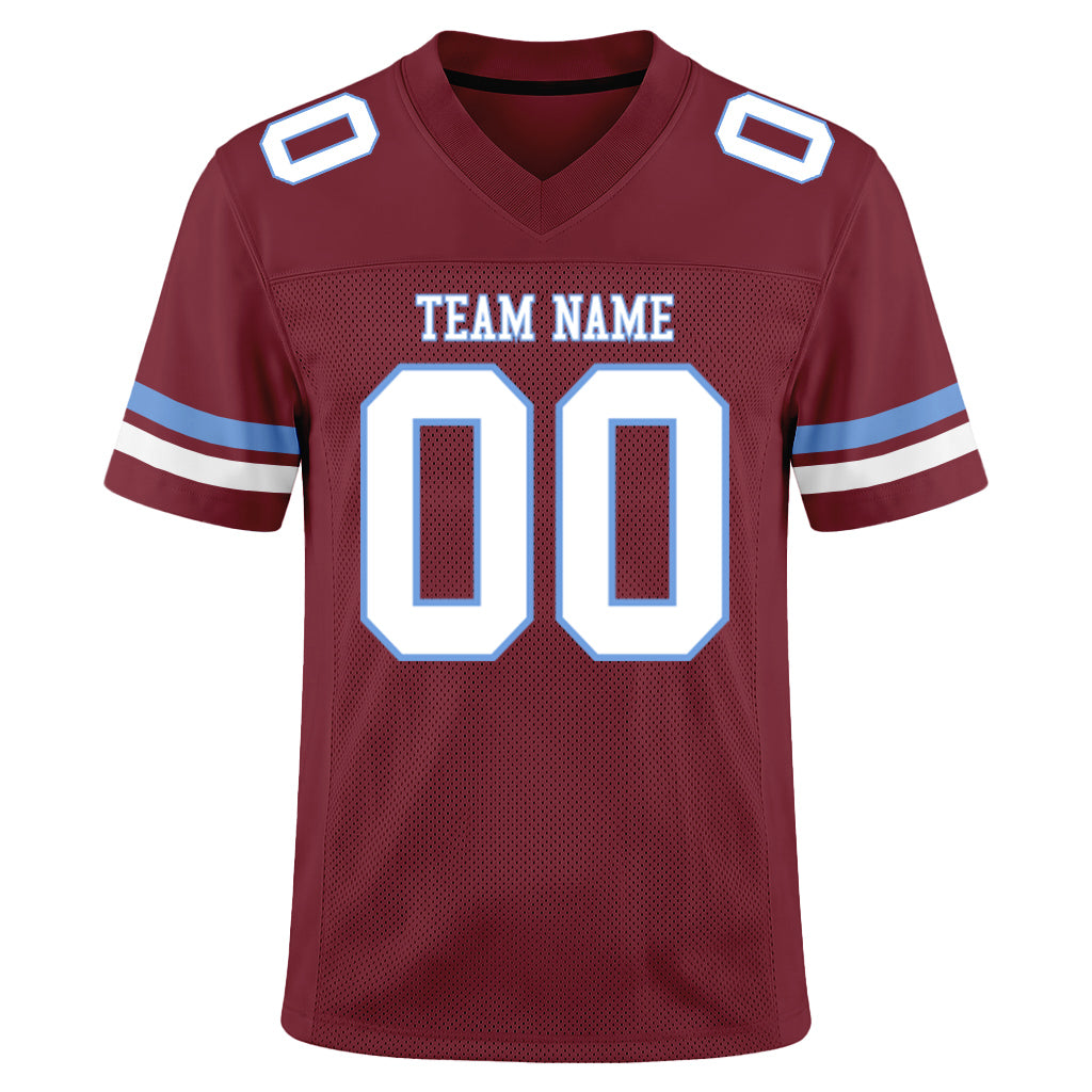 Custom Burgundy White-Light Blue Mesh Football Jersey