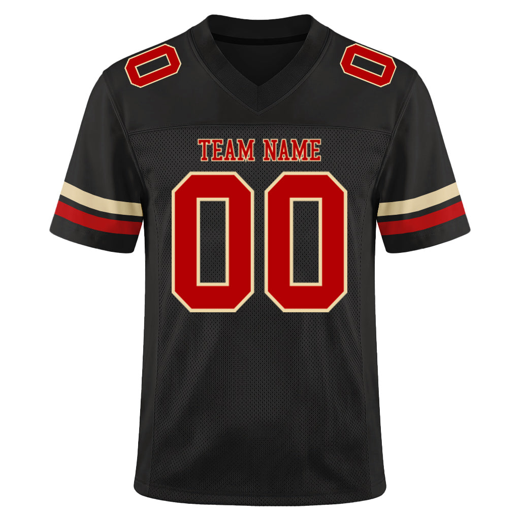 Custom Black Red-Cream Mesh Football Jersey