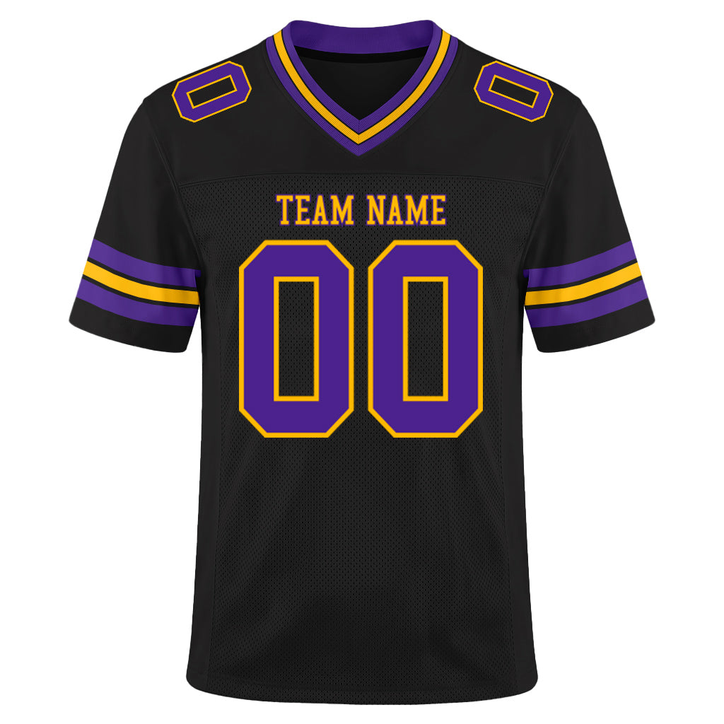 Custom Black Purple-Gold Mesh Football Jersey